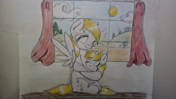 Size: 1044x587 | Tagged: safe, artist:crimsion ink, derpy hooves, dinky hooves, pegasus, pony, g4, comforting, cute, female, happy, hug, mare, smiling, traditional art