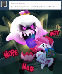 Size: 800x950 | Tagged: safe, artist:peachiekeenie, plumsweet, earth pony, ghost, pony, undead, ask plumsweet, g4, antagonist, ask, boo (super mario), crossover, evil, evil grin, female, galloping, glowing eyes, grin, king boo, levitation, luigi's mansion, magic, male, mare, mouth hold, nope, nope nope nope nope nope nope, running, sharp teeth, smiling, super mario bros., teeth, telekinesis, tongue out, tumblr