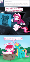 Size: 700x1429 | Tagged: safe, artist:peachiekeenie, dewdrop dazzle, plumsweet, earth pony, pony, unicorn, ask plumsweet, g4, 2 panel comic, ask, box, clothes, comic, space, spaceship, tumblr