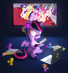 Size: 652x699 | Tagged: safe, artist:big shot toy works, idw, applejack, fluttershy, pinkie pie, rainbow dash, rarity, twilight sparkle, alicorn, pony, g4, 3d, brony, computer, drool, fangirl, female, headphones, hoof hold, in-universe pegasister, irony, laptop computer, mane six, mare, open mouth, sitting, smiling, tablet, television, tongue out, twilight sparkle (alicorn), unshorn fetlocks, wide eyes