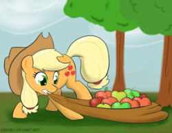 Size: 1000x773 | Tagged: safe, artist:empyu, applejack, g4, apple, female, mouth hold, sack, solo