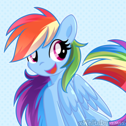 Size: 2000x2000 | Tagged: safe, artist:xwhitedreamsx, rainbow dash, pegasus, pony, g4, abstract background, cute, dashabetes, female, high res, looking back, smiling, solo