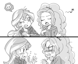 Size: 651x536 | Tagged: safe, artist:baekgup, adagio dazzle, sunset shimmer, equestria girls, g4, angry, blushing, comic, crying, monochrome, singing, sweat