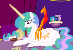 Size: 779x533 | Tagged: safe, artist:archeopony, philomena, princess celestia, phoenix, g4, butt, cake, dock, letter, missing accessory, plot