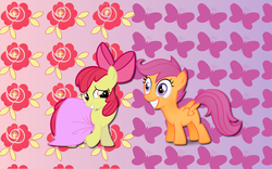 Size: 2560x1600 | Tagged: safe, artist:alicehumansacrifice0, artist:moongazeponies, artist:stinkehund, apple bloom, scootaloo, g4, female, lesbian, ship:scootabloom, shipping, wallpaper