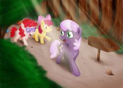 Size: 1326x947 | Tagged: safe, artist:fadri, apple bloom, cheerilee, twist, earth pony, pony, g4, female, filly, mare, sign