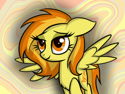 Size: 1600x1200 | Tagged: safe, artist:luminousdazzle, spitfire, pegasus, pony, g4, bedroom eyes, female, floppy ears, fluffy, smiling, solo, spread wings