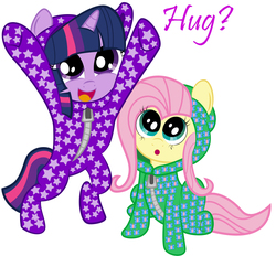 Size: 1507x1401 | Tagged: safe, artist:spellboundcanvas, fluttershy, twilight sparkle, pony, g4, :o, bipedal, clothes, cute, diabetes, footed sleeper, happy, hug, looking at you, looking up, open mouth, pajamas, sitting, smiling