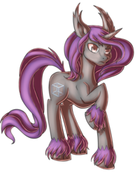 Size: 784x1000 | Tagged: safe, artist:count aile d'ciel, oc, oc only, oc:dark deed, pony, unicorn, cutie mark, ear fluff, hooves, impossible cube, impossible object, raised hoof, solo, unshorn fetlocks