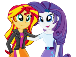 Size: 1206x907 | Tagged: safe, artist:majkashinoda626, rarity, sunset shimmer, equestria girls, g4, clothes, cute, female, lesbian, open mouth, shipping, simple background, skirt, smiling, sunsarity, transparent background, vector