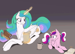 Size: 1280x914 | Tagged: safe, artist:silfoe, princess cadance, princess celestia, alicorn, pony, royal sketchbook, g4, animated, coffee, cup, drink, female, hyperactive, levitation, magic, mare, shaking, single panel, smiling, vibrating, younger