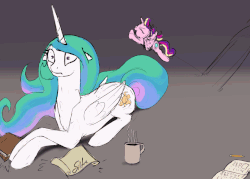 Size: 1280x914 | Tagged: safe, artist:silfoe, princess cadance, princess celestia, alicorn, pony, royal sketchbook, g4, animated, bloodshot eyes, bouncing, coffee, female, floppy ears, frown, hyperactive, oh crap face, open mouth, single panel, smiling, telekinesis, wide eyes, you dun goofed, younger
