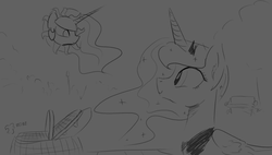 Size: 1400x794 | Tagged: safe, artist:darkflame75, princess celestia, princess luna, lunadoodle, g4, monochrome, picnic, sun