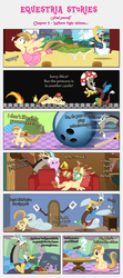 Size: 2429x5467 | Tagged: safe, artist:estories, discord, oc, oc:alice goldenfeather, draconequus, pegasus, pony, comic:find yourself, g4, ballet, baseball bat, bowling ball, bucking, cap, clothes, comic, cosplay, costume, discord lamp, hat, in another castle, mario's hat, pillow, super mario bros., tea party