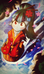 Size: 1000x1667 | Tagged: safe, artist:ruhisu, sonata dusk, equestria girls, g4, blushing, bucket, cherry blossoms, chopsticks in hair, female, river, smiling, solo, taco, yukata