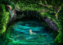 Size: 1706x1200 | Tagged: safe, artist:scootiebloom, fluttershy, rainbow dash, fish, pegasus, pony, g4, cave, female, folded wings, lake, mare, scenery, swimming, water, wet, wet mane, wings