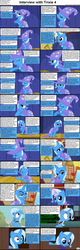Size: 1282x4018 | Tagged: safe, trixie, pony, unicorn, comic:celestia's servant interview, g4, cape, caption, clothes, comic, cs captions, female, hat, hilarious in hindsight, interview, mare, ponyville, solo, too much information, trixie's cape, trixie's hat, x.exe stopped working