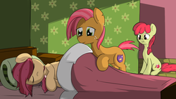 Size: 1280x720 | Tagged: safe, artist:geneticanomaly, apple bloom, babs seed, oc, oc:sunset, earth pony, pony, g4, applecest, family, female, incest, lesbian, magical lesbian spawn, offspring, older, parent:apple bloom, parent:babs seed, parents:appleseed, product of incest, ship:appleseed, sleeping