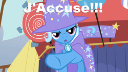 Size: 925x520 | Tagged: safe, screencap, trixie, pony, unicorn, g4, female, french, image macro, j'accuse, mare, meme, pointing, serious face, solo