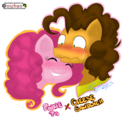 Size: 1003x938 | Tagged: safe, artist:nichan, cheese sandwich, pinkie pie, g4, blushing, female, male, ship:cheesepie, shipping, straight