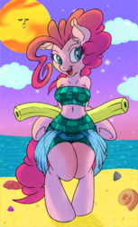 Size: 488x800 | Tagged: safe, artist:dfectivedvice, artist:firebird145, pinkie pie, earth pony, anthro, semi-anthro, g4, arm hooves, beach, belly button, bikini, breasts, clothes, female, mare, meme, open mouth, pool noodle, pool toy, solo, sun, swimsuit, yaranaika