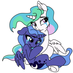 Size: 2500x2500 | Tagged: safe, artist:dfectivedvice, artist:pananovich, princess celestia, princess luna, g4, cewestia, crying, filly, high res, sad, simple background, transparent background, underhoof, woona, younger
