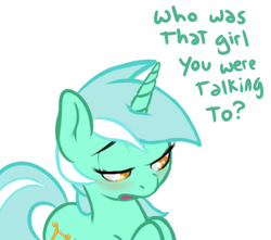 Size: 350x310 | Tagged: safe, artist:mostazathy, lyra heartstrings, pony, unicorn, g4, blushing, female, jealous, lyra is not amused, mare, simple background, solo, white background