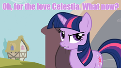 Size: 630x355 | Tagged: safe, twilight sparkle, g4, annoyed, female, image macro, meme, purple text, reaction image, solo