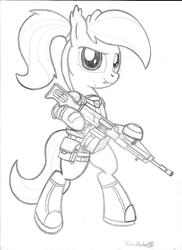 Size: 637x876 | Tagged: safe, artist:pananovich, oc, oc only, oc:frost bite, bat pony, pony, bipedal, gun, monochrome, pkp pecheneg, solo