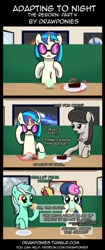 Size: 580x1378 | Tagged: safe, artist:drawponies, artist:terminuslucis, bon bon, dj pon-3, lyra heartstrings, nightmare moon, octavia melody, sweetie drops, vinyl scratch, earth pony, pony, undead, unicorn, vampire, vampony, comic:adapting to night, comic:adapting to night: the reborn, g4, cafe, comic, doctor who, drink, drinking, eating, food, glowing horn, horn, implied doctor whooves, magic, magic aura, muffin, mug, picture, pie, telekinesis
