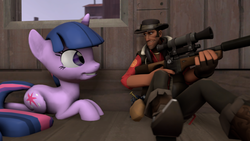 Size: 1024x576 | Tagged: safe, artist:fd-daylight, twilight sparkle, friendship is magic, g4, my little pony: friendship is magic, 3d, crossover, grin, gun, prone, rifle, sitting, smiling, sniper, sniper (tf2), source filmmaker, squee, team fortress 2, weapon