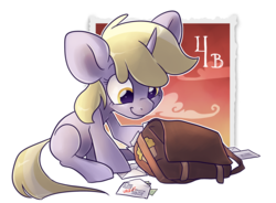 Size: 2500x1844 | Tagged: safe, artist:pixel-prism, dinky hooves, pony, g4, cute, dinkabetes, female, mail, mailbag, sitting, smiling, solo