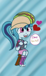 Size: 576x960 | Tagged: safe, artist:sj, sonata dusk, equestria girls, g4, cute, hat, solo, sonatabetes, stool, taco hat