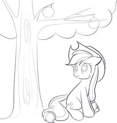 Size: 1280x1344 | Tagged: safe, artist:mcsadat, applejack, g4, female, food, monochrome, orange, solo, tree, worried