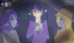 Size: 1280x753 | Tagged: safe, artist:jonfawkes, applejack, rarity, twilight sparkle, human, g4, look before you sleep, 30 minute art challenge, elf ears, humanized, scene interpretation, unicorns as elves