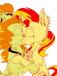 Size: 1536x2048 | Tagged: safe, artist:xchocolateheartx, adagio dazzle, sunset shimmer, earth pony, pony, unicorn, g4, belly fluff, butt fluff, cheek fluff, chest fluff, chin fluff, cute, disguise, disguised siren, duo, duo female, ear fluff, earth pony adagio dazzle, equestria girls ponified, eyes closed, female, fluffy, gem, kissing, leg fluff, lesbian, ponified, ship:sunsagio, shipping, shoulder fluff, simple background, siren gem, white background