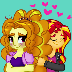 Size: 1000x1000 | Tagged: safe, artist:rivalcat, adagio dazzle, sunset shimmer, equestria girls, g4, adagio dazzle gets around, blushing, female, heart, lesbian, ship:sunsagio, shipping, thick eyebrows