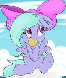 Size: 3000x3562 | Tagged: safe, artist:freefraq, flitter, pony, g4, bow, cloud, cloudy, cookie, cute, female, flitterbetes, high res, sitting, solo