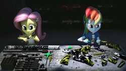 Size: 1920x1080 | Tagged: safe, artist:3d thread, artist:creatorofpony, fluttershy, rainbow dash, equestria girls, g4, 3d, 3d model, barrett m82, blender, clothes, gun, gun cleaning, gun magazine, m16, rifle, scope, screw, weapon