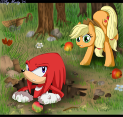 Size: 1000x953 | Tagged: safe, artist:montyth, applejack, g4, apple, crossover, knuckles the echidna, male, sonic the hedgehog (series)