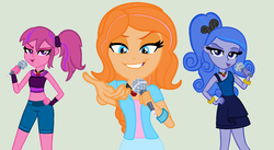 Size: 1024x560 | Tagged: safe, artist:berrypunchrules, oc, oc only, oc:nocturne shade, oc:sentito tides, oc:senza glitz, equestria girls, g4, clothes, jeans, microphone, midriff, skirt, trio