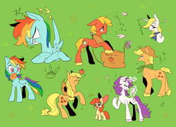 Size: 1023x740 | Tagged: safe, artist:29axa, apple bloom, applejack, big macintosh, prince blueblood, rainbow dash, rarity, parasprite, g4, applejack (male), japanese, macareina, mirror, princess bluebelle, rule 63