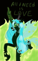 Size: 800x1280 | Tagged: dead source, safe, artist:theroyalprincesses, queen chrysalis, changeling, changeling queen, g4, female, fire, grin, looking at you, magic, raised hoof, solo