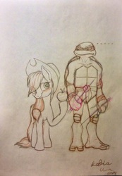 Size: 1103x1591 | Tagged: safe, artist:catiacaterina, applejack, g4, crossover, monochrome, raphael, teenage mutant ninja turtles, traditional art