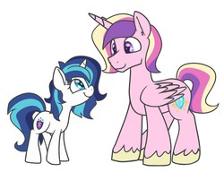 Size: 1280x985 | Tagged: safe, artist:skitter, princess cadance, shining armor, cute, eye contact, female, gleamibetes, gleaming shield, male, prince bolero, rule 63, rule63betes, shiningcadance, shipping, size difference, smiling, straight