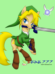 Size: 1920x2560 | Tagged: safe, artist:brab777, fairy, pony, belt, boots, clothes, crossover, green background, hat, link, male, master sword, mouth hold, navi, ponified, rearing, shoes, signature, simple background, solo, stallion, sword, the legend of zelda, the legend of zelda: ocarina of time, weapon
