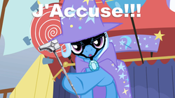 Size: 919x520 | Tagged: safe, screencap, trixie, pony, unicorn, g4, female, french, guardians of the galaxy, hammer, image macro, j'accuse, kree, mare, meme, pointing, ronan the accuser, serious face, solo, universal weapon, war hammer
