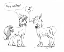 Size: 1000x803 | Tagged: safe, artist:baron engel, oc, oc only, oc:octavia's father, oc:octavia's mother, birthday, hat, monochrome, party hat, party horn, pencil drawing, traditional art