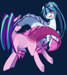 Size: 954x1060 | Tagged: safe, artist:hisshi shoujo, aria blaze, sonata dusk, half-siren, hybrid, pony, siren, equestria girls, g4, blue background, blush sticker, blushing, cute, cute little fangs, dark background, dark blue background, duo, duo female, equestria girls ponified, fangs, female, lesbian, looking at you, pixiv, ponified, ship:arisona, shipping, simple background, siren tail