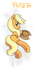 Size: 1200x2681 | Tagged: safe, artist:potzm, applejack, pony, g4, :3, body pillow, body pillow design, butt, covering, cute, female, plot, solo, tail covering, underhoof